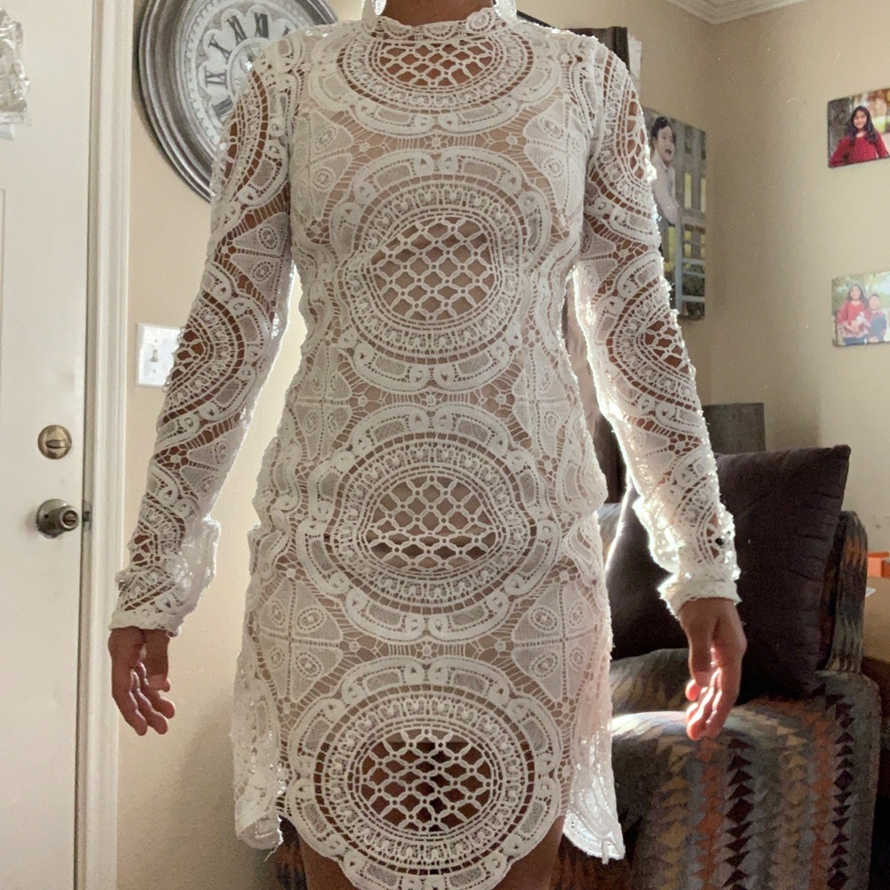 A white formal lace dress
